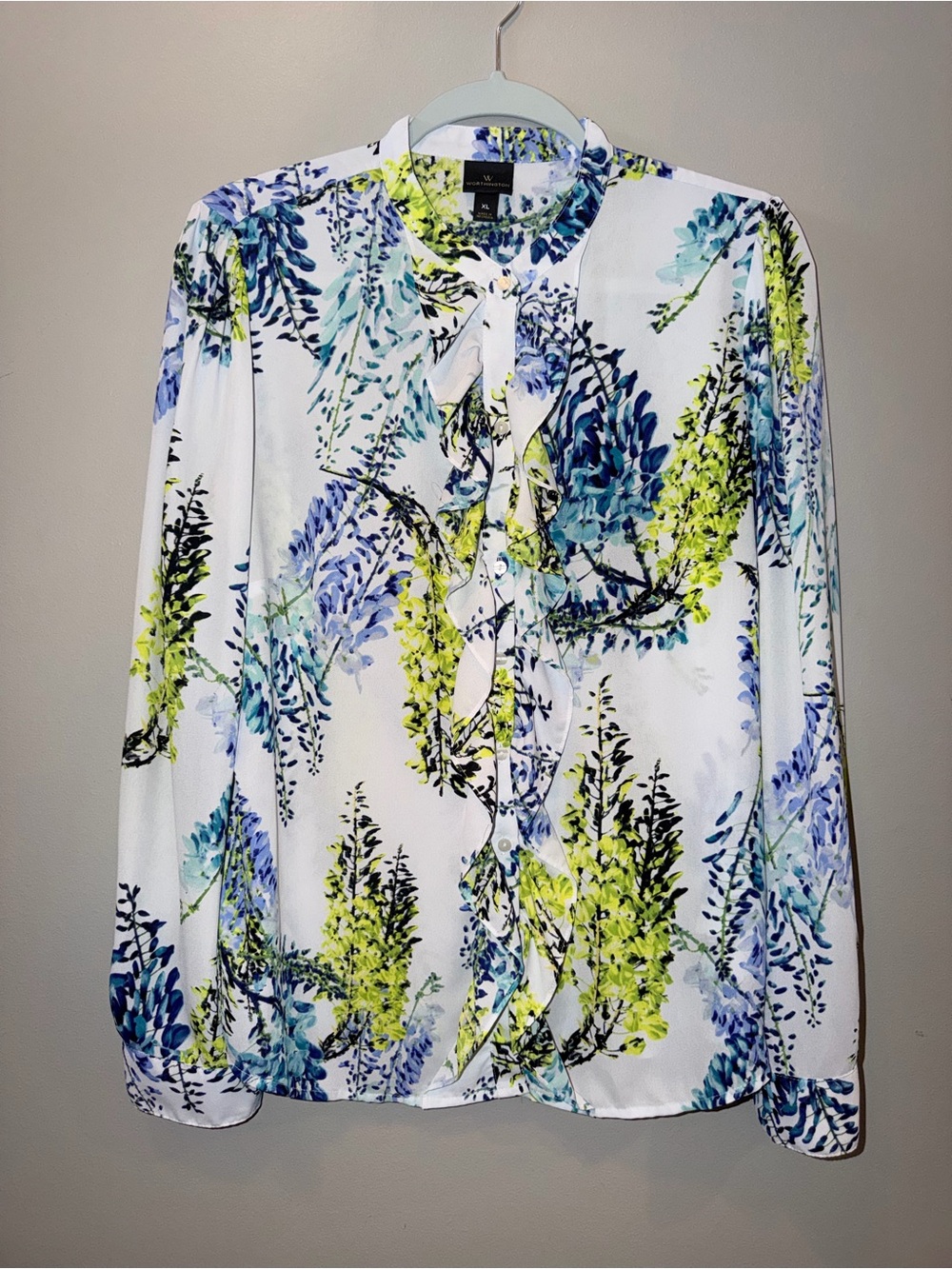 Worthington floral ruffle front blouse size XL blue & lime botanical top